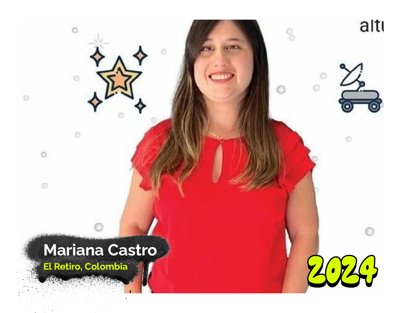 Fotografía de Mariana Castro, una mujer joven con cabello largo y castaño, vestida con una blusa roja. Ella sonríe ampliamente mientras posa frente a un fondo blanco decorado con dibujos de estrellas, un carrito de bebé y pequeños puntos dispersos. En la esquina inferior izquierda aparece un texto que dice:, El Retiro, Colombia', y en la esquina inferior derecha está el año '2024'